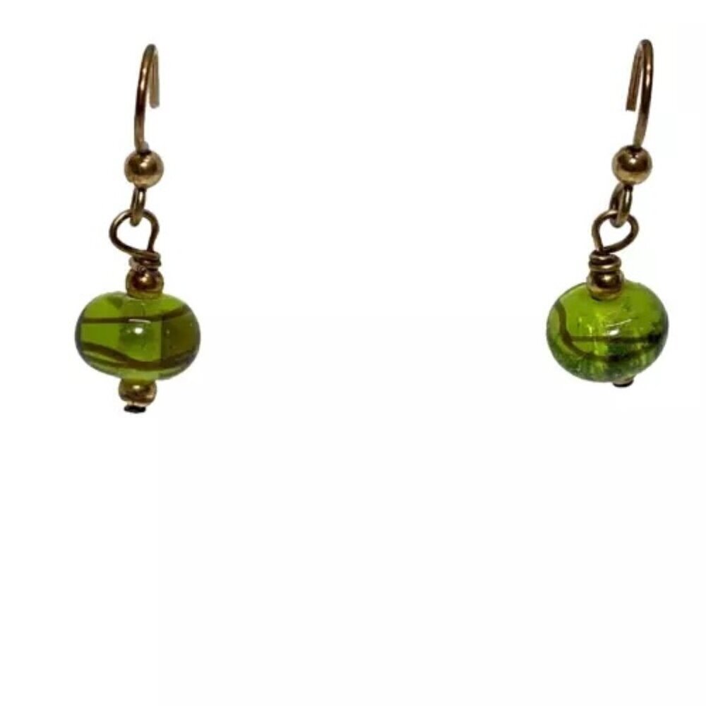 Murano Venetian Art Glass Bead Clear Green Swirl Dangle Hook Earrings Vintage